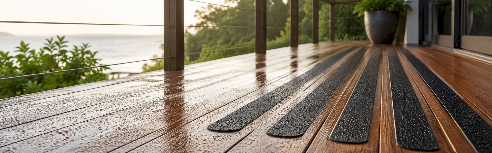 Non-slip grip tape strips on a wet wooden deck.