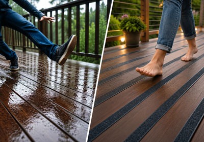 Side-by-side comparison of slipping vs. walking safely on a deck.