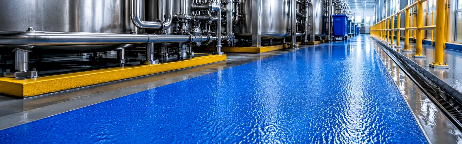 Bright blue epoxy flooring in a clean industrial facility